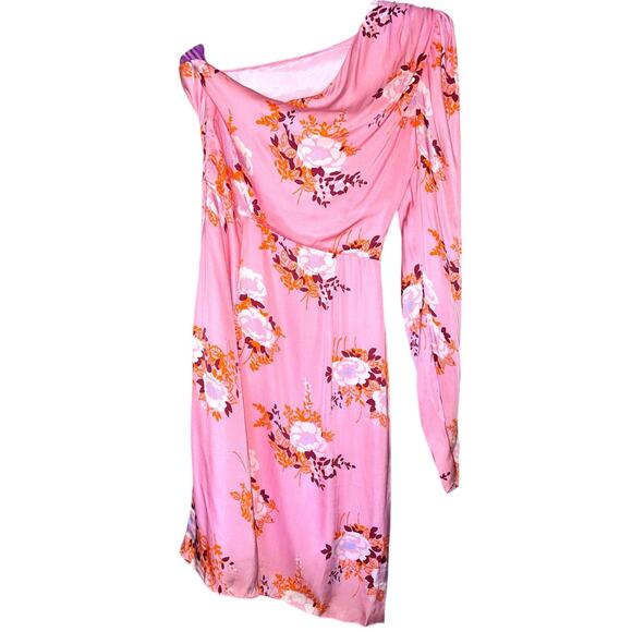 Les Reveries One Sleeve Pink Satin Floral Print Mini Dress size 0 - Picture 2 of 15